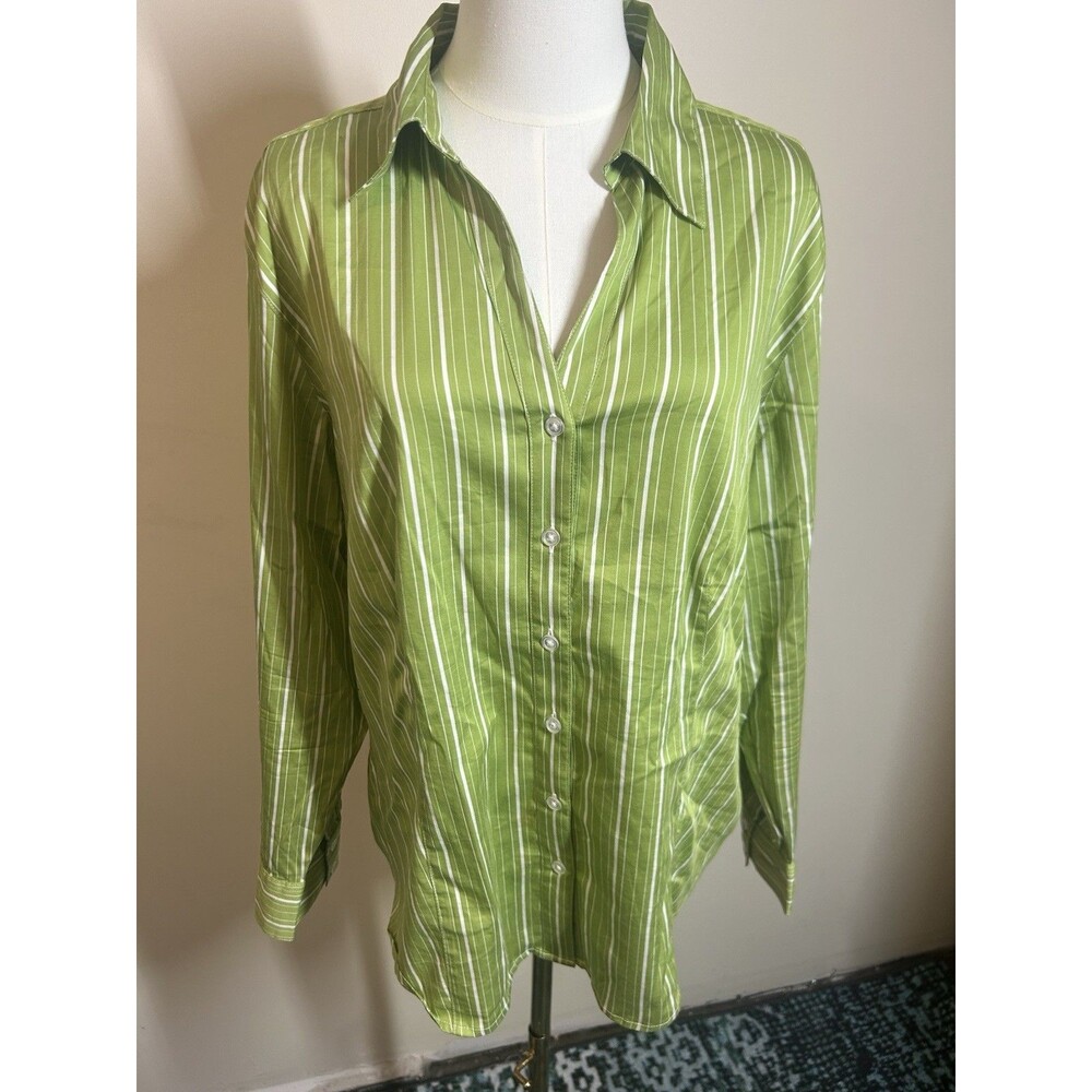 Chico's Women's Button Up Blouse Size Chico's 3 XL Geen White Striped 305